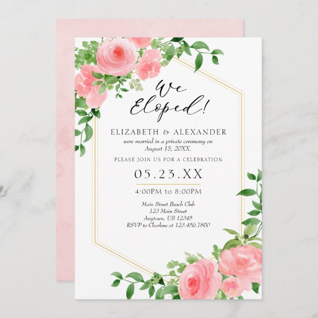 Invitation Nous Avons Elopé Mariage Floral Rose (Devant / Derrière)