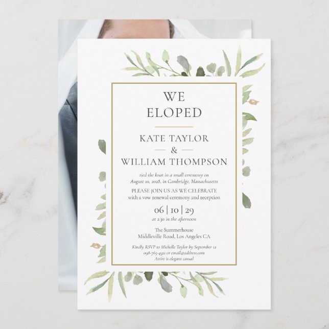 Invitation Nous avons Eloped Greenery Mariage photo (Devant / Derrière)