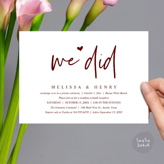 Invitation Nous Avons Fait Moderne Mariage Elopement Dîner De (We Did Modern Wedding Elopement Reception Dinner Party Invitation Card PDF Burgundy Wine Red)