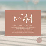 Invitation Nous Avons Fait Moderne Mariage Elopement Dîner De<br><div class="desc">Marquez le début de votre éternité avec élégance en utilisant notre carte d'invitation à la fête de la fête du dîner, "We did", décorée de terre cuite contemporaine et à thème mariage. Parfait pour les couples qui souhaitent profiter de leur joyeux événement, cette invitation exhale le raffinement avec un soupçon...</div>
