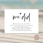 Invitation Nous Avons Fait Moderne Mariage Elopement Dîner De<br><div class="desc">Marquez le début de votre éternité avec élégance en utilisant notre carte d'invitation à la fête de la fête du dîner de la soirée mariage d'inspiration contemporaine, "We did". Parfait pour les couples qui souhaitent profiter de leur joyeux événement, cette invitation exhale le raffinement avec un soupçon de jeu, préparant...</div>
