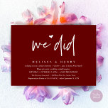 Invitation Nous Avons Fait Moderne Mariage Elopement Dîner De<br><div class="desc">Marquez le début de votre éternité avec élégance en utilisant notre carte d'invitation à la fête de la fête du mariage, "We did", vin bordeaux de classe contemporaine. Parfait pour les couples qui souhaitent profiter de leur joyeux événement, cette invitation exhale le raffinement avec un soupçon de jeu, préparant le...</div>