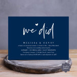 Invitation Nous Avons Fait Moderne Mariage Elopement Dîner De<br><div class="desc">Marquez le début de votre éternité avec élégance en utilisant notre carte d'invitation à la fête de la fête du mariage de style contemporain bleu marine, "We did". Parfait pour les couples qui souhaitent profiter de leur joyeux événement, cette invitation exhale le raffinement avec un soupçon de jeu, préparant le...</div>