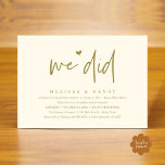 Invitation Nous Avons Fait Moderne Mariage Elopement Dîner De<br><div class="desc">Marquez le début de votre éternité avec élégance en utilisant notre carte d'invitation à la fête de la fête du mariage à thème or jaune contemporain, "We did". Parfait pour les couples qui souhaitent profiter de leur joyeux événement, cette invitation exhale le raffinement avec un soupçon de jeu, préparant le...</div>