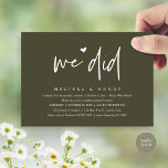 Invitation Nous Avons Fait Moderne Mariage Elopement Dîner De<br><div class="desc">Marquez le début de votre éternité avec élégance grâce à notre carte d'invitation à la fête de la fête du mariage, "We did", décorée sur le thème rustique vert olive contemporain. Parfait pour les couples qui souhaitent profiter de leur joyeux événement, cette invitation exhale le raffinement avec un soupçon de...</div>