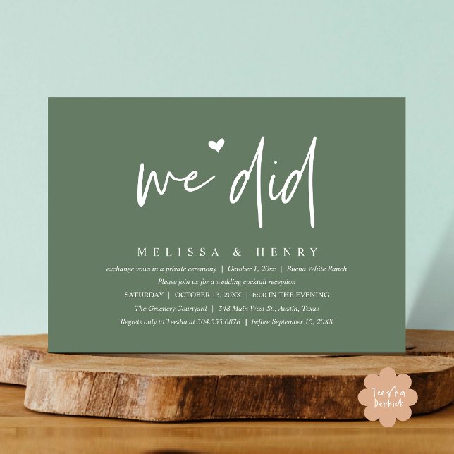 Invitation Nous Avons Fait Moderne Mariage Elopement Dîner De (We Did Modern Wedding Elopement Reception Dinner Party Invitation Card PDF Rustic Sage Greenery)