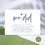 Invitation Nous Avons Fait Moderne Mariage Elopement Dîner De<br><div class="desc">Marquez le début de votre éternité avec élégance en utilisant notre carte d'invitation à la fête de la fête du mariage de style contemporain bleu marine, "We did". Parfait pour les couples qui souhaitent profiter de leur joyeux événement, cette invitation exhale le raffinement avec un soupçon de jeu, préparant le...</div>