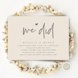 Invitation Nous Avons Fait Moderne Mariage Elopement Dîner De<br><div class="desc">Marquez le début de votre éternité avec élégance en utilisant notre carte d'invitation à la fête de la fête du dîner de mariage à thème gris crème contemporaine, "We did". Parfait pour les couples qui souhaitent profiter de leur joyeux événement, cette invitation exhale le raffinement avec un soupçon de jeu,...</div>