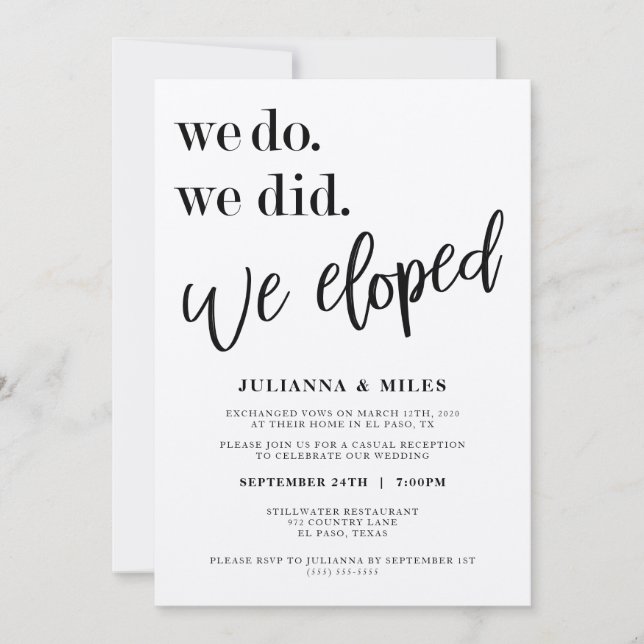 Invitation Nous avons fait notre mariage en fuite Réception d (Devant)