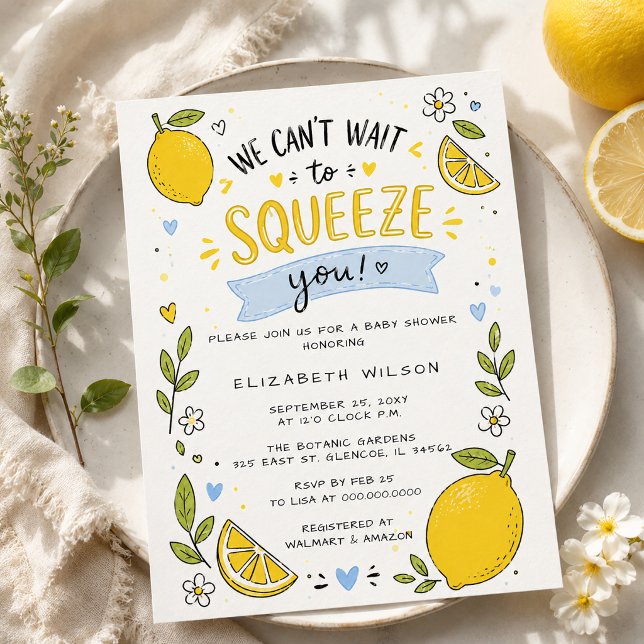 Invitation Nous avons hâte de vous presser Garçon au Citron B (We Cant Wait To Squeeze You Lemon Boy Baby Shower Invitation)