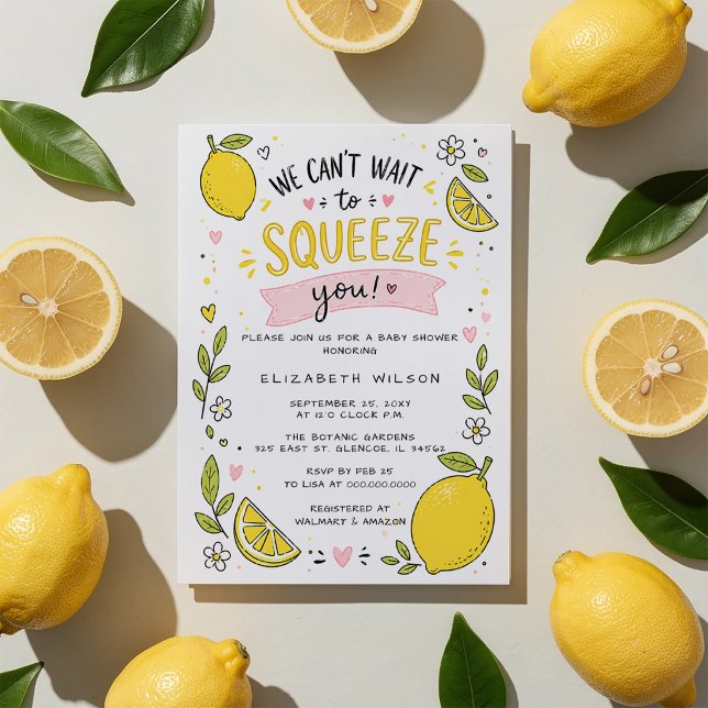 Invitation Nous avons hâte de vous presser Vous Citron Fille  (Cant Wait To Squeeze You Lemon Girl Baby Shower Invitation)