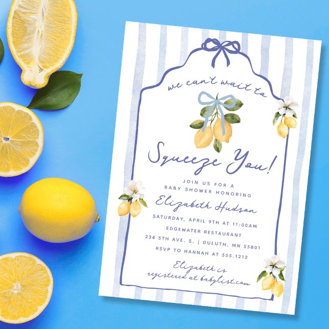 Invitation Nous avons hâte de vous serrer dans nos bras Bébé  (We Can't Wait to Squeeze You Lemon Baby Shower Invitation)