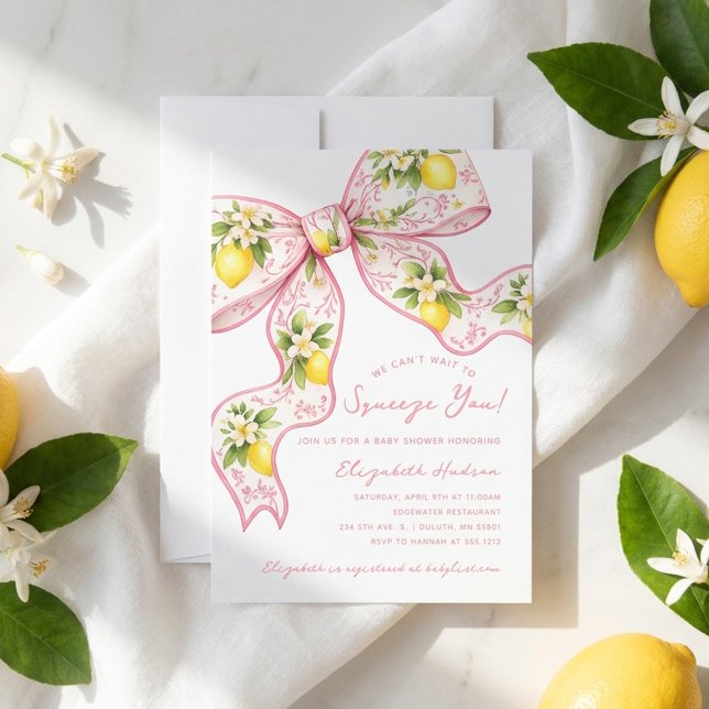 Invitation Nous avons hâte de vous serrer dans nos bras Lemon (We Can't Wait to Squeeze You Lemon Bow Baby Shower Invitation)