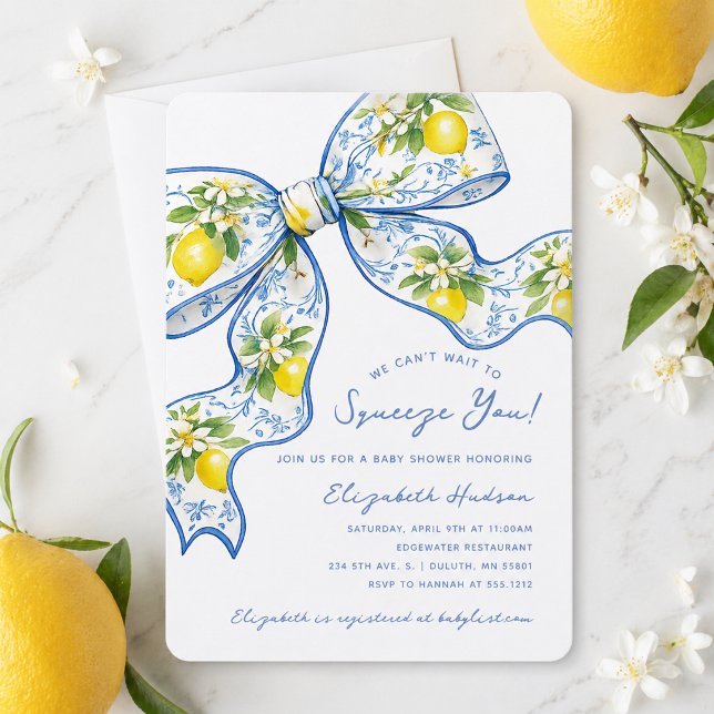 Invitation Nous avons hâte de vous serrer dans nos bras Lemon (We Can't Wait to Squeeze You Lemon Bow Baby Shower Invitation)