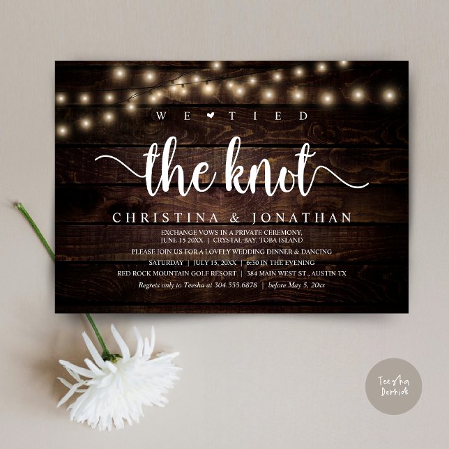 Invitation Nous Avons Lié Le Knot, Rustique Dîner Mariage Elo (We Tied The Knot, Rustic Wedding Dinner Elopement Invitation card, pdf, in cottage dark wood)
