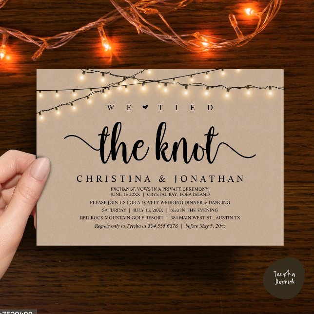 Invitation Nous Avons Lié Le Knot, Rustique Dîner Mariage Elo (We Tied The Knot, Rustic Wedding Dinner Elopement Invitation Card, PDF, String Lights Brown Kraft)