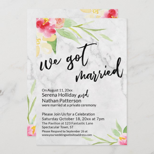 Invitation Nous Avons Marié Fleurs D'Aquarelle Et Marbre Gris (Devant / Derrière)