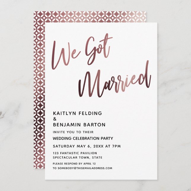 Invitation Nous Avons Marié Rose Gold Mariage Réception (Devant / Derrière)