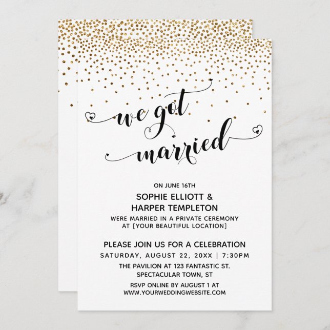 Invitation Nous Avons Marié Script, Gold Confetti, Réception (Devant / Derrière)