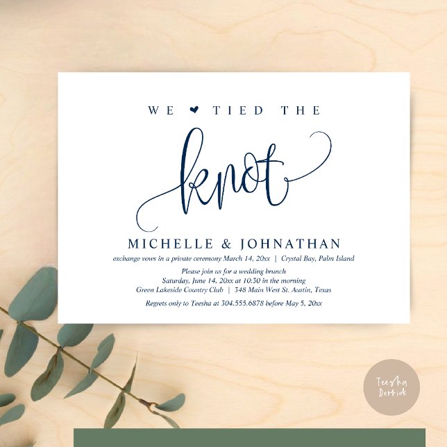 Invitation Nous Avons Mis Le Knot, Fête De L'Élément Mariage (We tied the knot, modern wedding elopement dinner party invitation card, PDF, in Navy Blue)