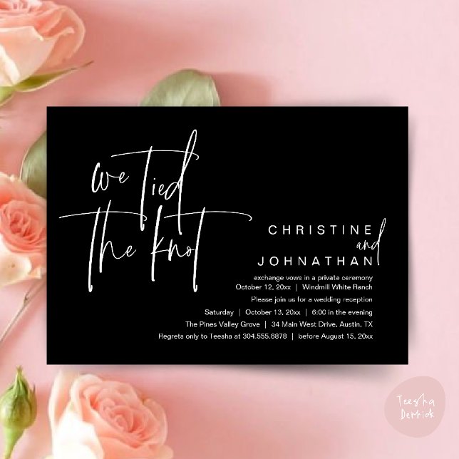 Invitation Nous avons noué le nœud, Réception de mariage mode (We tied the knot, Modern wedding reception dinner party Invitation card in classy black)