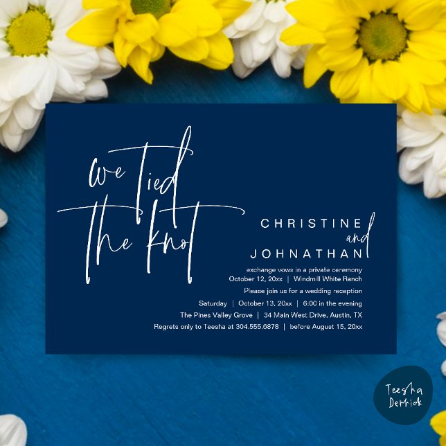 Invitation Nous avons noué le nœud, Réception de mariage mode (We tied the knot, Modern wedding reception dinner party Invitation card in classy navy blue)