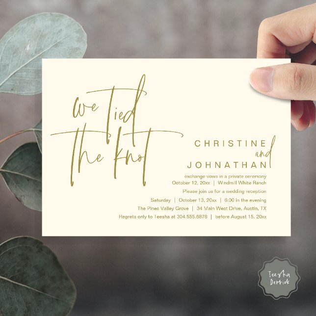 Invitation Nous avons noué le nœud, Réception de mariage mode (We tied the knot, Modern wedding reception dinner party Invitation card in yellow gold cream)