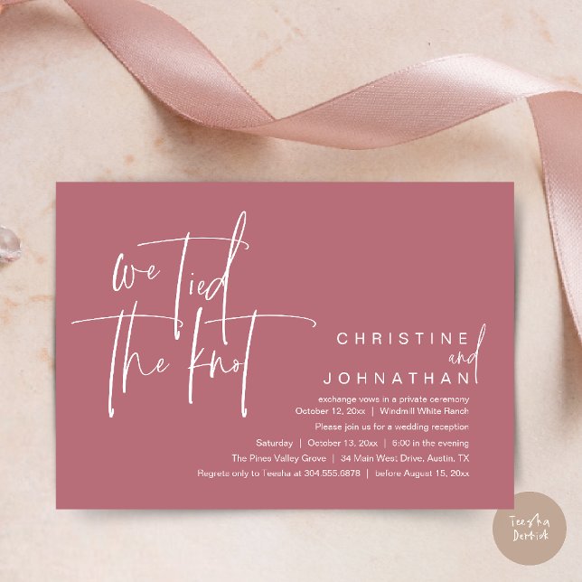 Invitation Nous avons noué le nœud, Réception de mariage mode (We tied the knot, Modern wedding reception dinner party Invitation card in dusty rose)