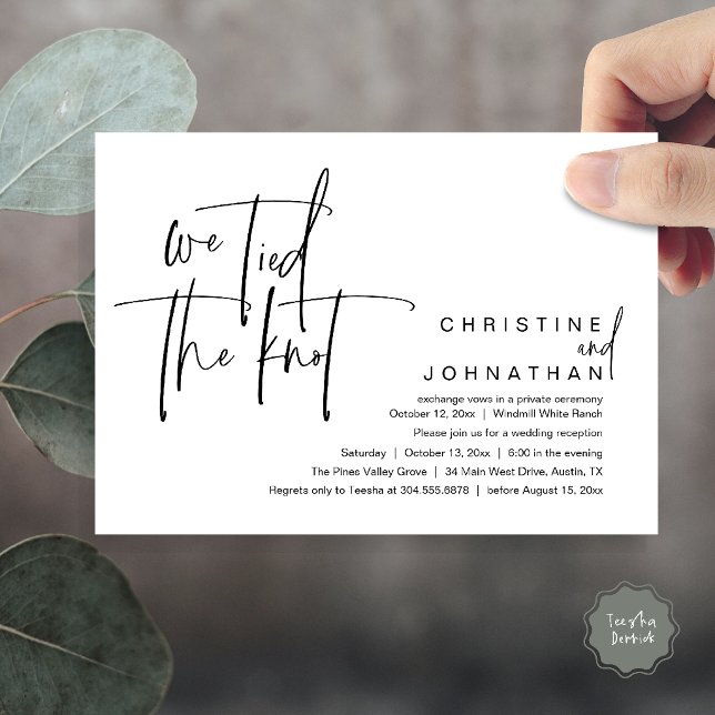 Invitation Nous avons noué le nœud, Réception de mariage mode (We tied the knot, Modern wedding reception dinner party Invitation card in black and white)