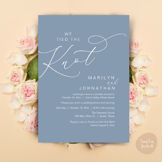 Invitation Nous avons noué, Mariage Elopement Dinner Party (We tied the knot, Wedding Elopement Dinner Romantic Modern Party Invitation Card PDF Dusty Blue)