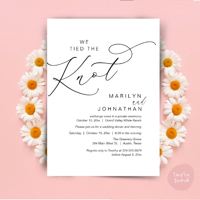 Invitation Nous avons noué, Mariage Elopement Dinner Party (We tied the knot, Wedding Elopement Dinner Romantic Modern Party Invitation Card PDF White Black)