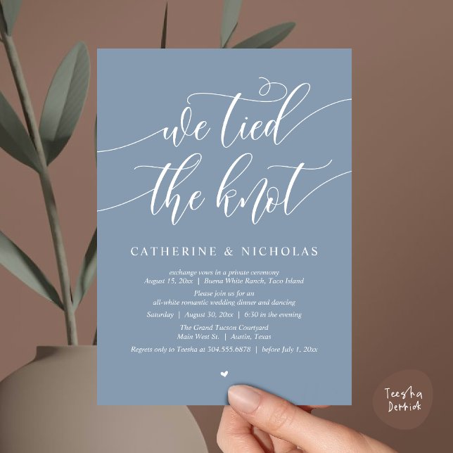 Invitation Nous avons noué, Mariage Elopement Dinner Party (We tied the knot, Modern Wedding Elopement Dinner Party Wine Invitation Card PDF Dusty Blue)