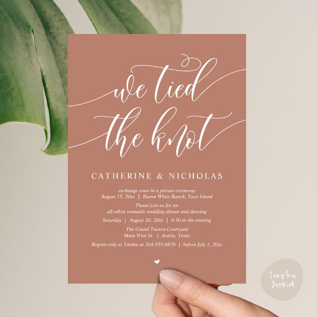 Invitation Nous avons noué, Mariage Elopement Dinner Party (We tied the knot, Modern Wedding Elopement Dinner Party Wine Invitation Card PDF Rustic Earthy Brown)