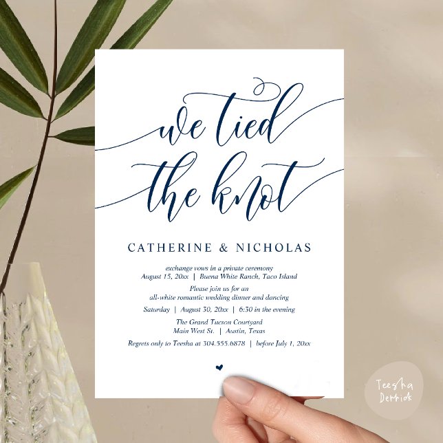 Invitation Nous avons noué, Mariage Elopement Dinner Party (We tied the knot, Modern Wedding Elopement Dinner Party Wine Invitation Card PDF Navy Blue)
