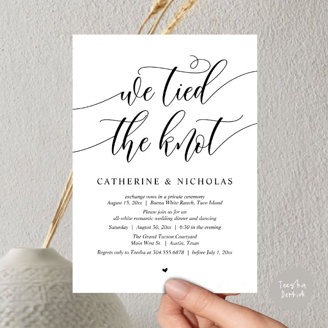 Invitation Nous avons noué, Mariage Elopement Dinner Party (We tied the knot, Modern Wedding Elopement Dinner Party Wine Invitation Card PDF White Black)