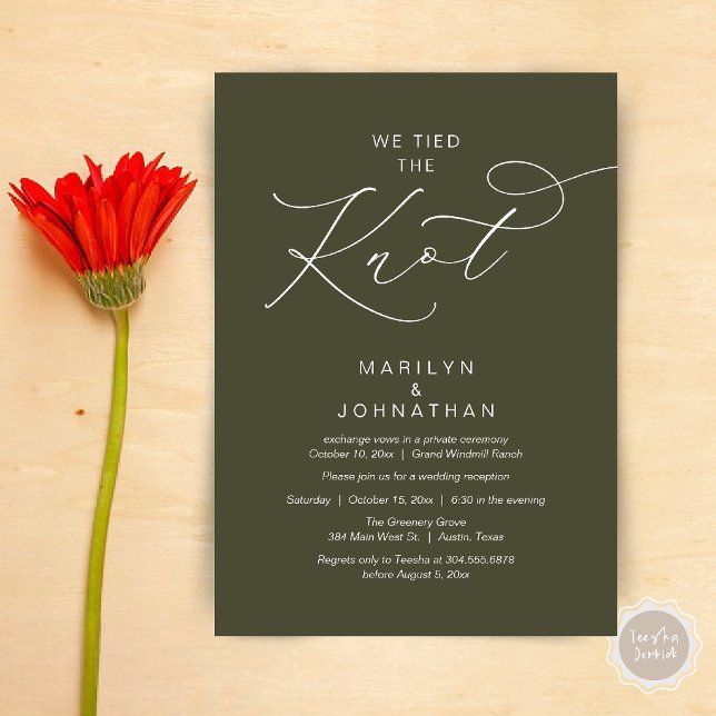 Invitation Nous avons uni nos destins, Dîner de réception apr (We tied the knot, Romantic Wedding Elopement Reception Dinner Invitation Card in Olive Green)