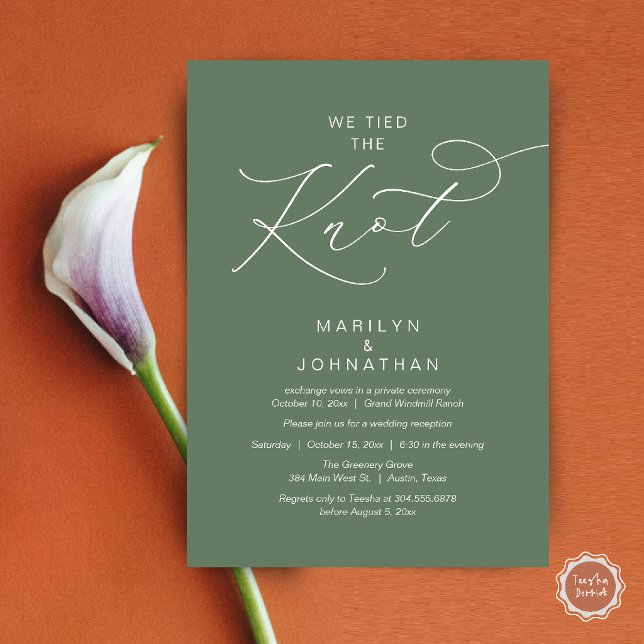 Invitation Nous avons uni nos destins, Dîner de réception apr (We tied the knot, Romantic Wedding Elopement Reception Dinner Invitation Card in Sage Green)