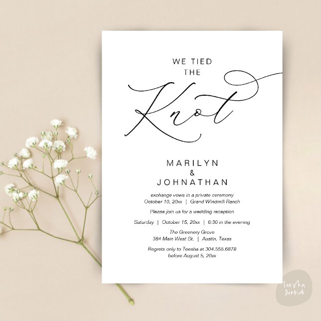 Invitation Nous avons uni nos destins, Dîner de réception apr (We tied the knot, Romantic Wedding Elopement Reception Dinner Invitation Card in Black and White)