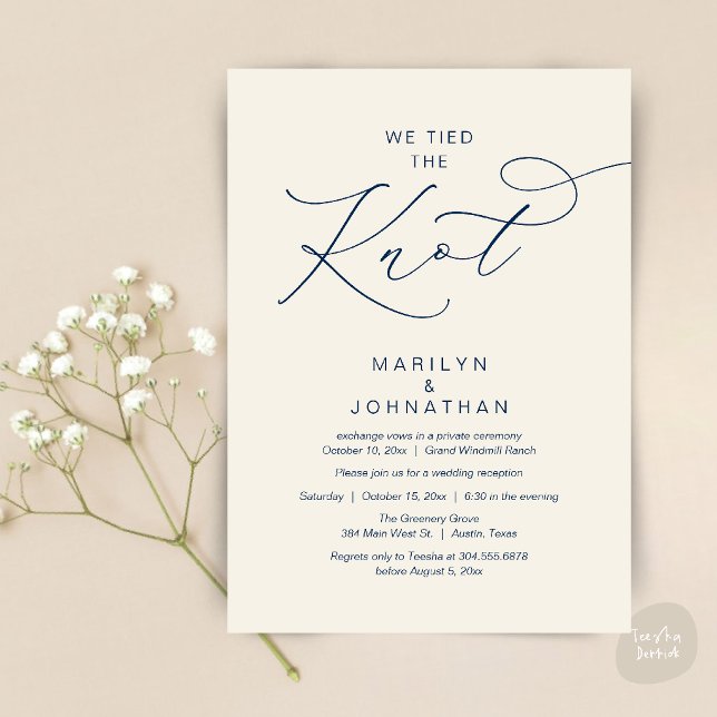 Invitation Nous avons uni nos destins, Dîner de réception de  (We tied the knot, Romantic Wedding Elopement Reception Dinner Invitation Card in Navy Blue Ivory)