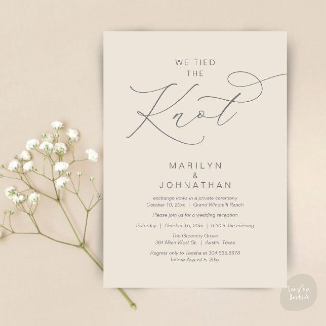 Invitation Nous avons uni nos destins, Réception de mariage i (We tied the knot, Romantic Wedding Elopement Reception Dinner Invitation Card in Cream Grey)