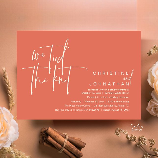 Invitation Nous avons uni nos destins, Réception de mariage m (We tied the knot, Modern wedding reception dinner party Invitation card in terracotta and ivory)