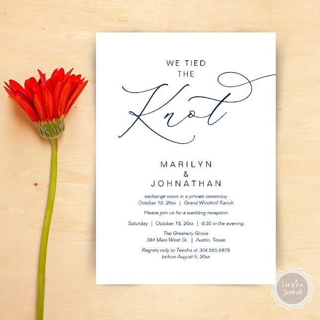 Invitation Nous avons uni nos vies, Réception de Noces après  (We tied the knot, Romantic Wedding Elopement Reception Dinner Invitation Card in Navy Blue)