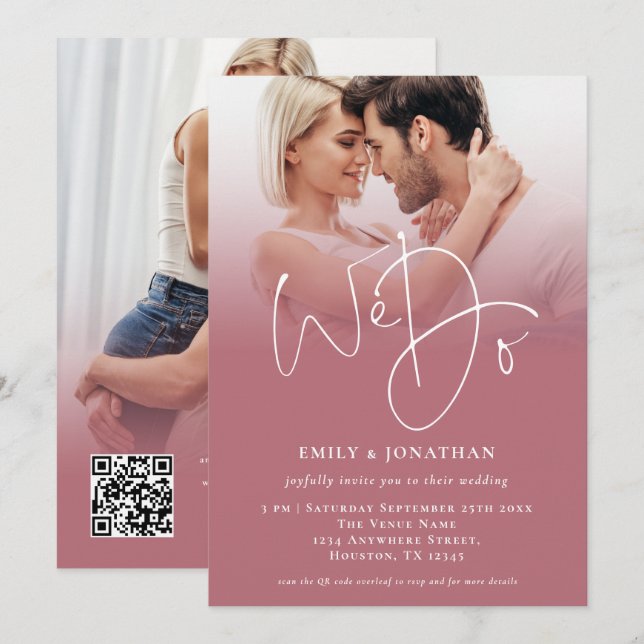 Invitation Nous faisons 2 Photos Script QR Rose Gold Mariage (Devant / Derrière)