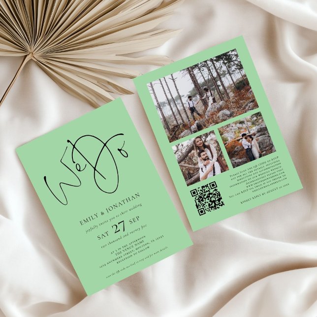 Invitation Nous faisons 3 photos QR Code Celadon Mariage vert (front and back view)