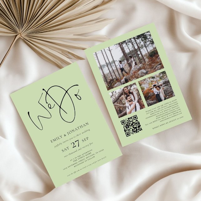 Invitation Nous faisons 3 photos QR Code Lime Cream Mariage V (front and back view)