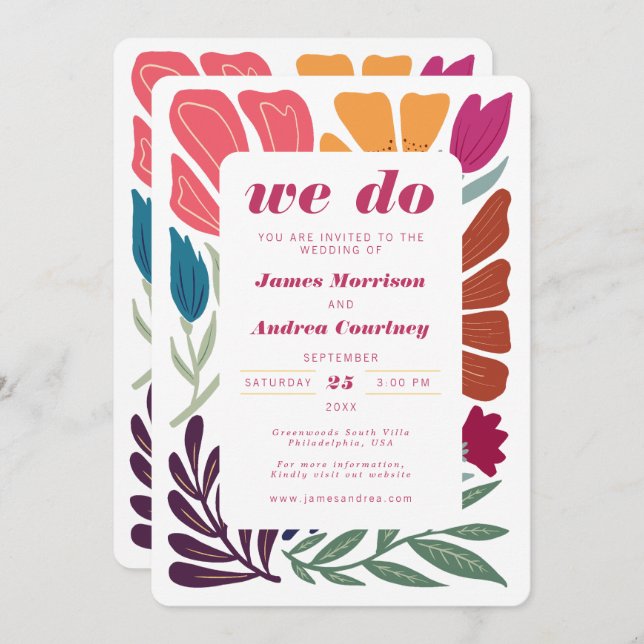 Invitation Nous faisons Boho Chic Retro Coloré Mariage Floral (Devant / Derrière)