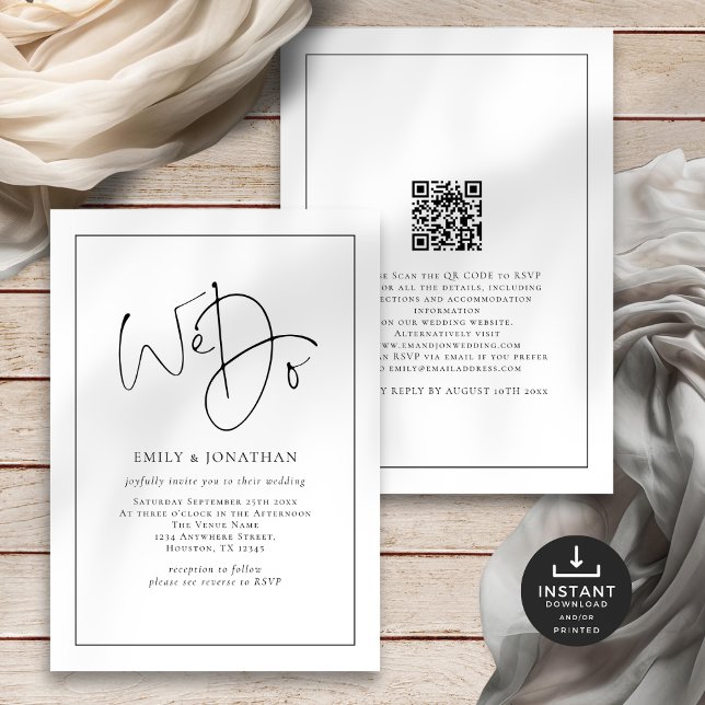 Invitation Nous faisons Elegant Script Line Bordure QR Code M (Front and back view)
