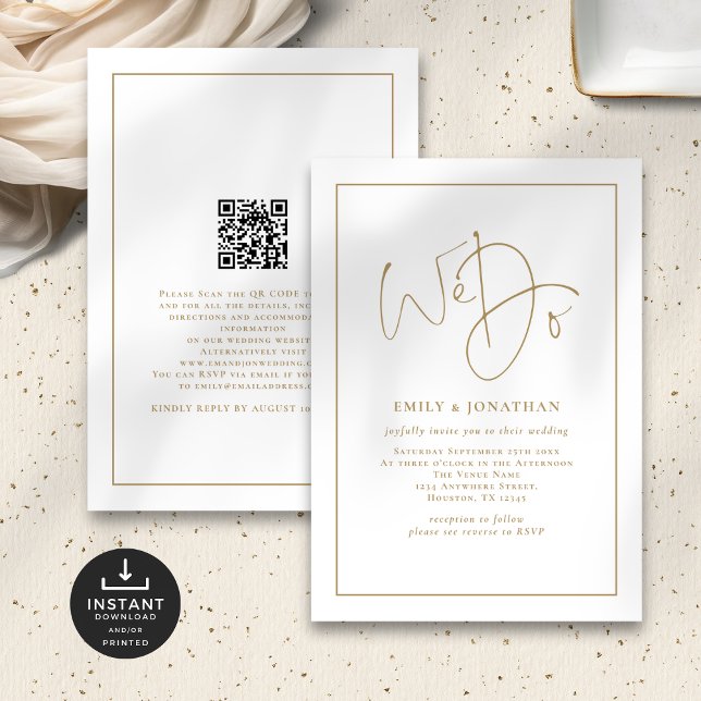 Invitation Nous faisons Gold Script Line Bordure Code QR Mari (Front and back view)