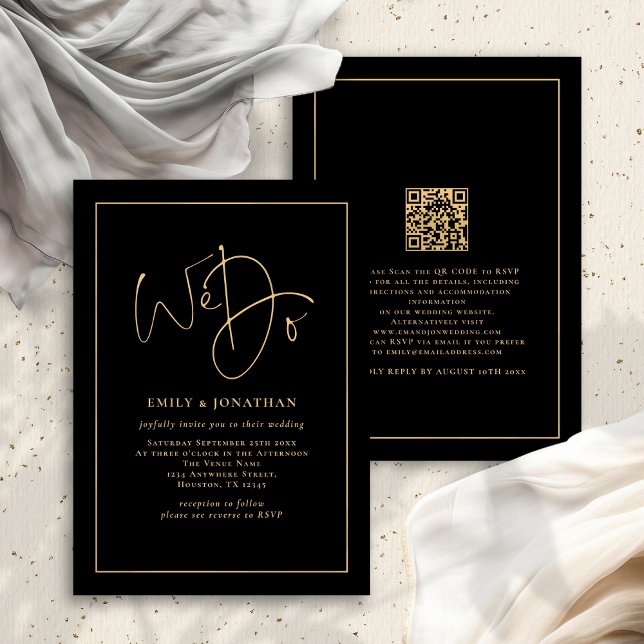 Invitation Nous faisons Gold Script Line Bordure QR Mariage n (Front and back view)