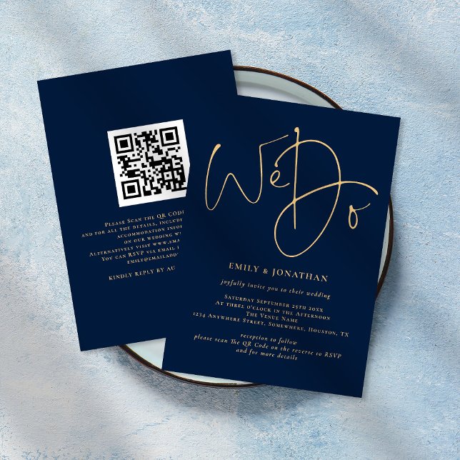 Invitation Nous faisons Gold Script QR Code Marine Blue Maria (Créateur téléchargé)